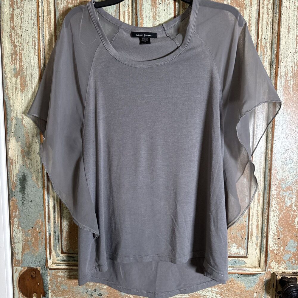 Ashley Stewart Women’s Gray Flutter Sleeve Size 12 Top Sheer Sleeves Hi-Low